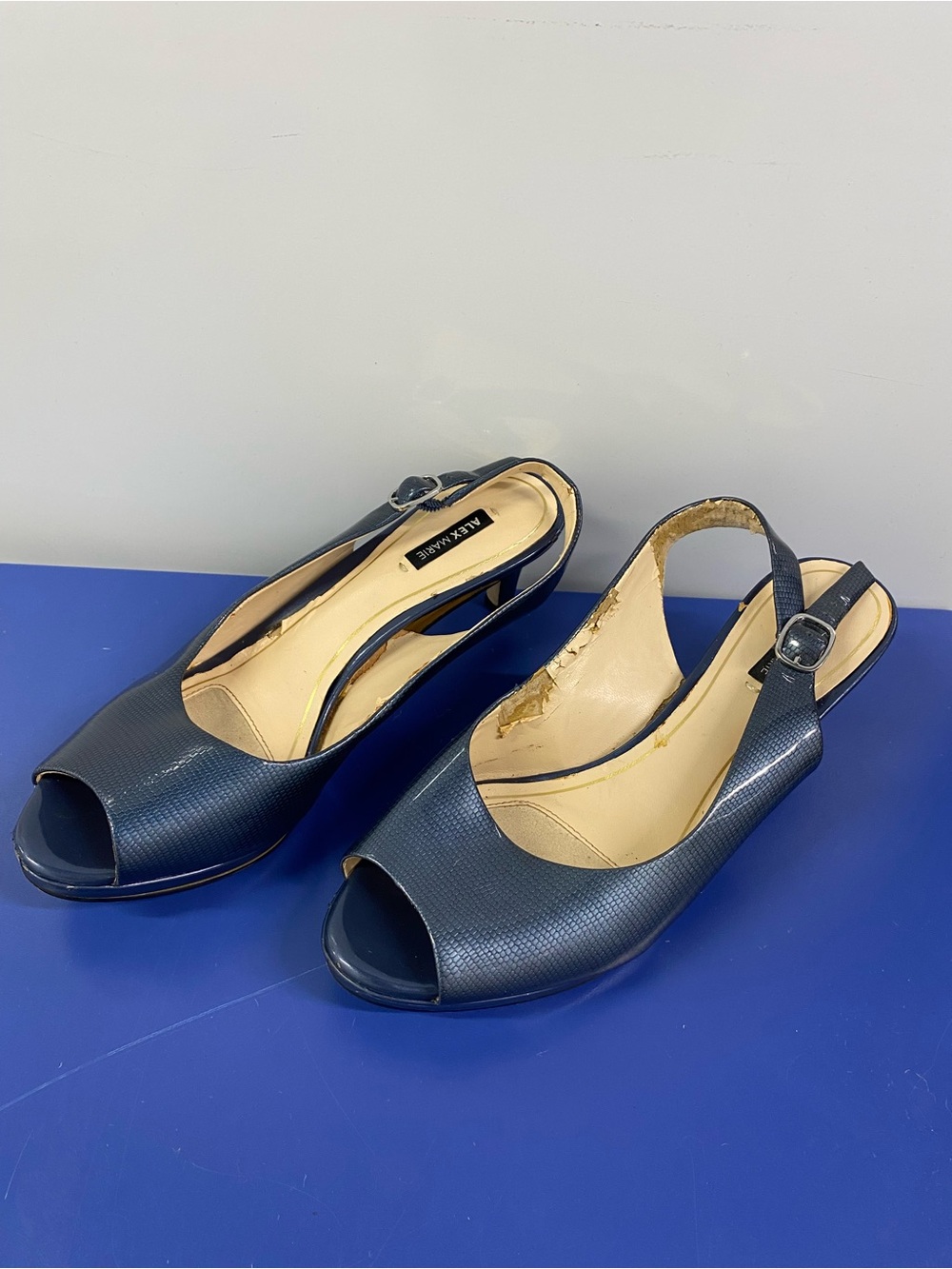 Alex Marie Navy Textured Peep-Toe Slingback Sandals